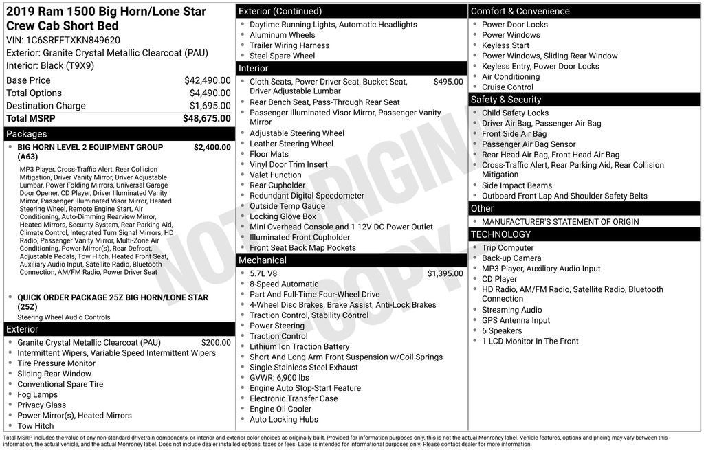 2019 RAM 1500 Big Horn/Lone Star Crew Cab 4x4 5'7" Box
